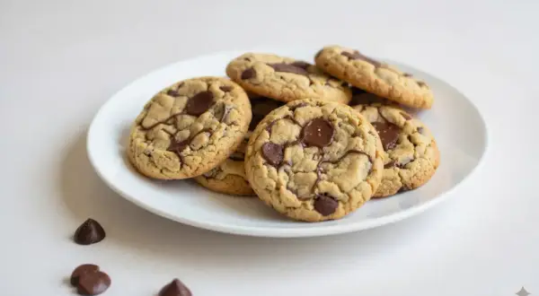 Assiette de délicieux cookies aux pépites de chocolat, des cookies sans oeuf parfaits pour tous les gourmands.