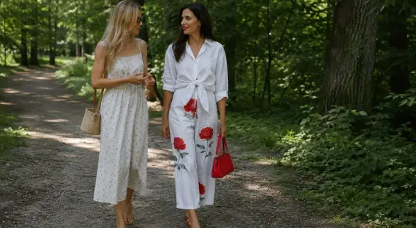 Dwie kobiety spacerują po leśnej ścieżce. Jedna w sukience w drobne kwiatki, druga w eleganckich spodniach w kwiaty z dużymi czerwonymi różami.