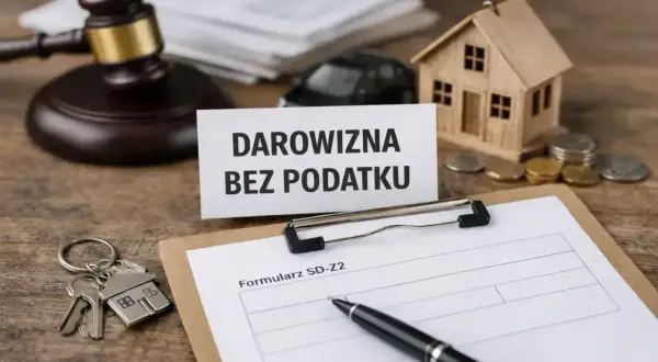 Formularz SD-Z2, klucze do domu i młotek sędziowski symbolizują zgłoszenie darowizny od rodziców bez podatku.
