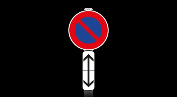 Panneau de signalisation : interdiction de stationner. Le panneau rond rouge et bleu barré d'une bande rouge indique une interdiction. Les flèches indiquent la zone concernée.