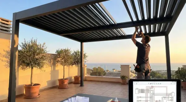 Instalación de una **pérgola bioclimática que es** un techo moderno con lamas ajustables, ideal para disfrutar del exterior.