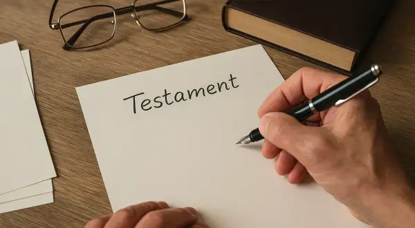 Ręka pisze piórem na kartce z napisem "Testament". Obok leżą okulary i oprawiona księga. To ważny testament allograficzny.