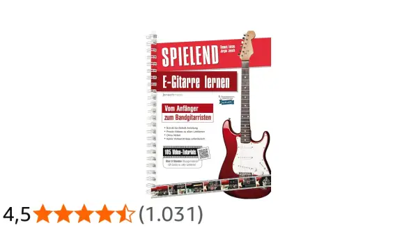 Buchcover: "Spielend E-Gitarre lernen" mit roter E-Gitarre. Ideal für Anfänger, die ohne Noten spielen wollen.