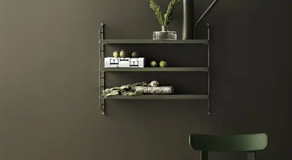En grön stringhylla med en vas med gröna kvistar, en bok och torkade örter. En historia om stringhylla.