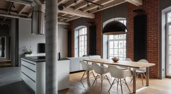 Nowoczesny salon z ceglaną ścianą i drewnianym sufitem. Widoczne szynoprzewody nad wyspą kuchenną i stołem jadalnianym.