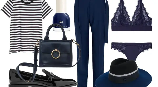 Conjunto elegante en azul marino y negro: camiseta a rayas, pantalón de vestir, bolso, zapatos, lencería y sombrero.