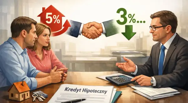 Para z doradcą omawia renegocjację kredytu hipotecznego. Wskaźnik oprocentowania spada z 5% do 3%.