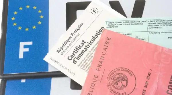 Plaque d'immatriculation, certificat d'immatriculation et permis de conduire français. Ces documents sont essentiels pour connaître le poids carte grise d'un véhicule.