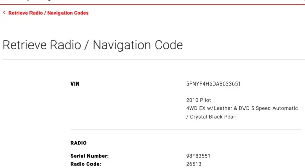 Kod do radia po numerze VIN dla Hondy Pilot 2010. Numer VIN: 5FNYF4H60AB033651, kod radia: 26513.