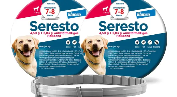 Zwei Seresto Halsbänder für Hunde (>8kg) mit 7-8 Monaten Schutz vor Zecken, Flöhen und Haarlingen. Informationen zu Wirkstoffen und indirektem Schutz vor Krankheiten. Keine Erwähnung von Seresto Halsband Nebenwirkungen.
