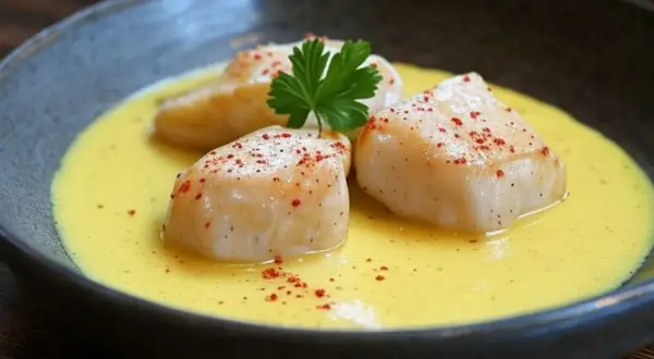 Trois morceaux de lotte poisson, saupoudrés de paprika, baignent dans une sauce crémeuse et jaune, garnie d'une feuille de persil.