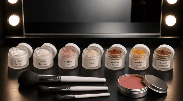 Barattoli di polveri per makeup: amido, caolino, argilla rosa, mica, ossidi colorati. Pennelli e blush in polvere.