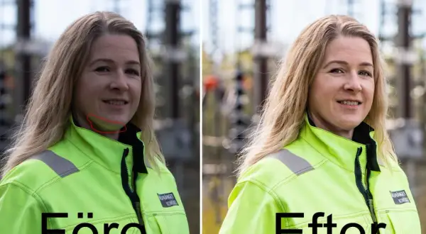 Före- och efterbilder på en kvinna i varseljacka. Bilden visar hur en redigering kan ge fina profilbilder.
