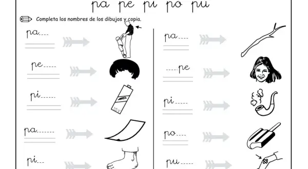 Hoja de trabajo para practicar las **fichas letra p**. Ejercicios para completar palabras con sílabas como pa, pe, pi, po, pu, asociándolas a dibujos.