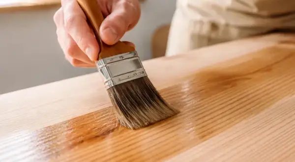 Mano che stende vernice trasparente su un piano di legno con un pennello. Un modo per proteggere e rinnovare il legno, ideale per chi vuole sapere come riempire buchi nel legno con finiture.
