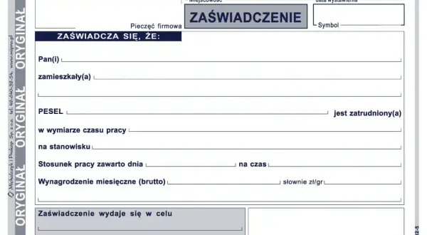 Formularz potwierdzenie zatrudnienia. Zawiera dane pracownika, stanowisko, wynagrodzenie i cel wydania zaświadczenia.