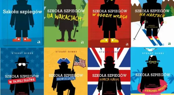 Kolekcja książek "Szkoła szpiegów" Stuarta Gibbsa. Szpieg w kapeluszu i płaszczu na tle różnych przygód: wakacje, obóz wroga, narty, tajna służba, rewolucja, podbój Europy i kierunek Meksyk.