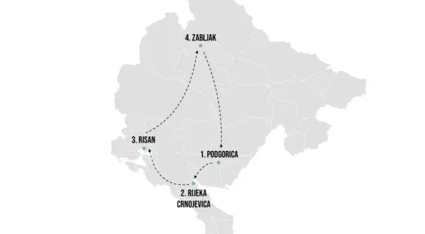 Karte von Montenegro mit einer Route: Podgorica (1), Rijeka Crnojevica (2), Risan (3) und Žabljak (4).