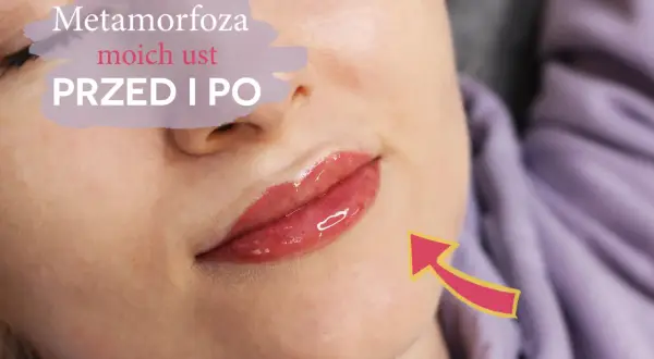 Metamorfoza moich ust przed i po. Efekt pięknych, lśniących ust permanentnych, podkreślonych subtelnym kolorem.