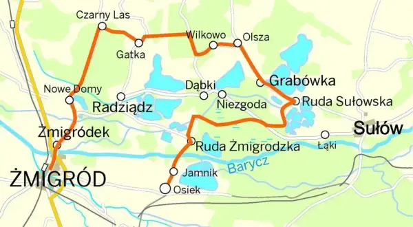 Mapa pokazuje trasę do Doliny Baryczy przez Żmigród, Czarny Las, Grabówkę i Sułów.
