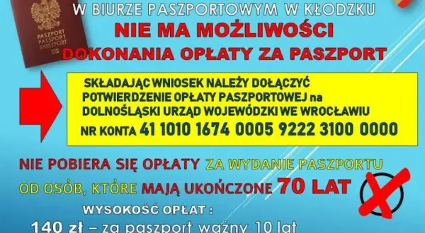 Informacja o tym, ile kosztuje paszport: 140 zł za 10 lat, 70 zł dla osób powyżej 70 lat. Opłaty dokonaj przelewem.