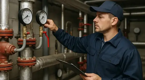 Technik sprawdza ciśnienie w rurach, przygotowując system do tego, kiedy zaczyna się sezon grzewczy.