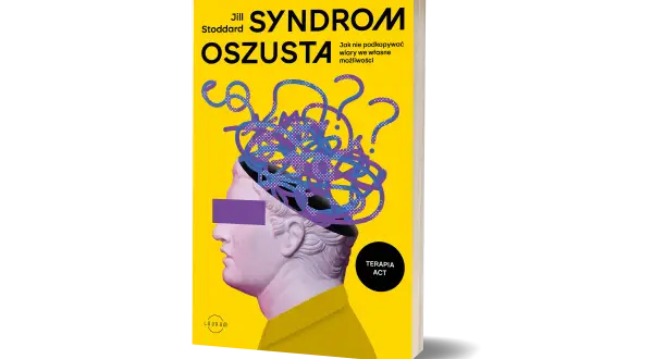 Okładka książki "Syndrom oszustki" Jill Stoddard. Stylizowana głowa z plątaniną myśli i znaków zapytania.