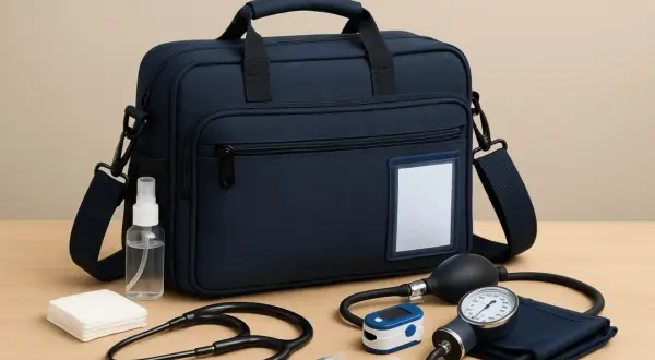 Sacoche de materiel infirmier liberal : tensiomètre, stéthoscope, seringues, désinfectant, compresses et saturomètre.