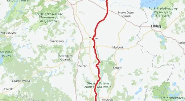 Mapa pokazuje przebieg wiślanej trasy rowerowej Kujawsko-Pomorskie, od Gdańska przez Malbork do Kwidzyna.