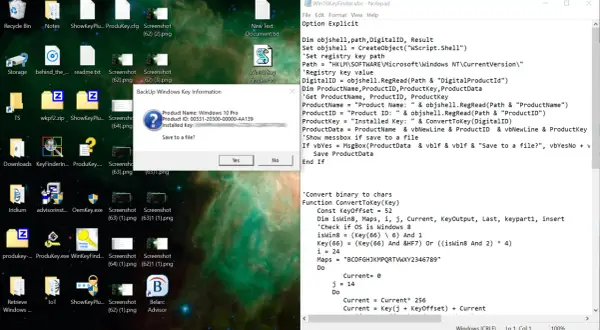 Jak sprawdzić klucz Windows 10? Na pulpicie widać okno "BackUp Windows Key Information" z nazwą produktu i identyfikatorem.