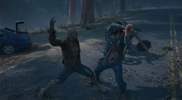 Deacon walczy z Freakerem na drodze, jak w poradniku Days Gone.