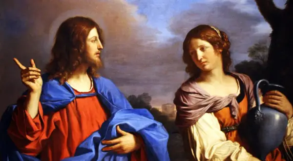 Jesus spricht zur heiligen Magdalena, die eine Kanne trägt.