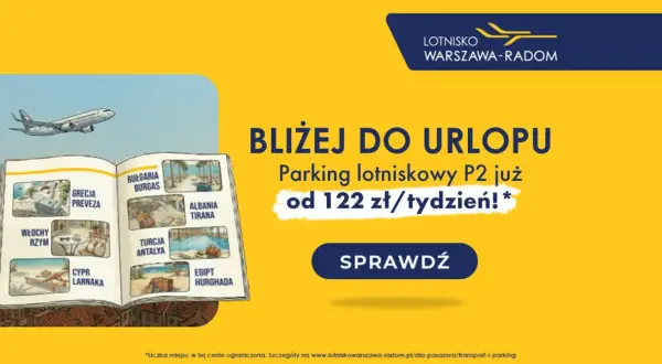 Otwarta księga z wakacyjnymi destynacjami, samolot nad morzem. Lotnisko Warszawa-Radom zaprasza na parking P2 od 122 zł/tydzień.