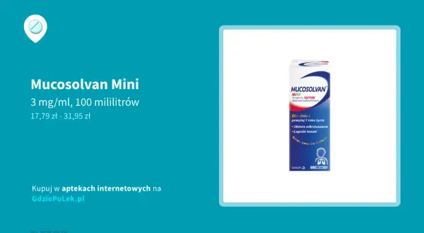 Opakowanie syropu Mucosolvan Mini dla dzieci, z informacją o smaku owoców leśnych.