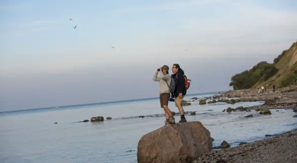 Två vandrare står på en sten vid kusten i norra Tyskland och spanar ut över havet.