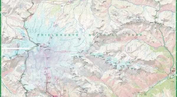 Mapa turystyczna Prielbrusye National Park. Widoczne lodowce, szlaki i miejscowości, w tym Elbrus. Tu dowiesz się, gdzie leży Elbrus.