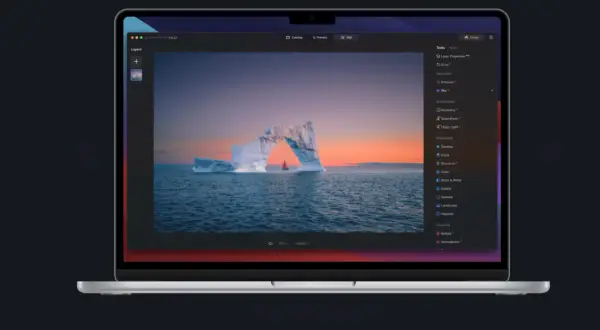Luminar Neo edytuje zdjęcie lodowca z żaglówką. Widok narzędzi edycyjnych.