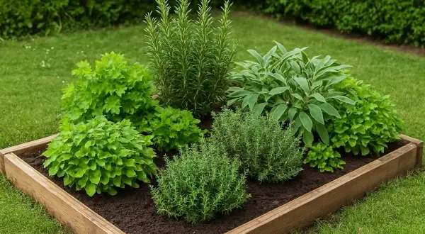 Aiuola di piante aromatiche con rosmarino, salvia e altre erbe profumate, pronta per insaporire i tuoi piatti.
