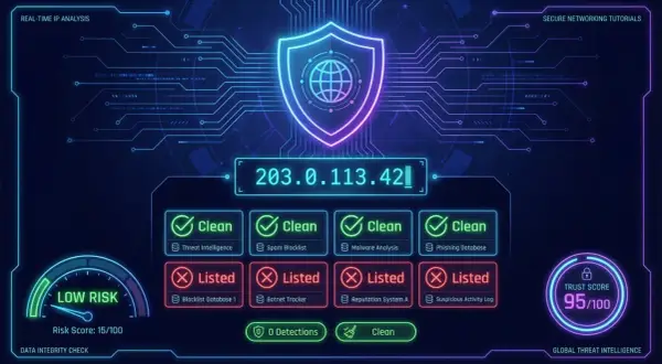Analiza IP: 203.0.113.42. Wykryto wpisy na czarnej liście IP w bazach danych. Niskie ryzyko, 0 detekcji.