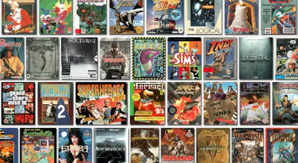 Kolekcja okładek gier na PC z lat 2000. Znajdziemy tu takie perełki jak Gothic 3, The Sims, czy Wolfenstein.