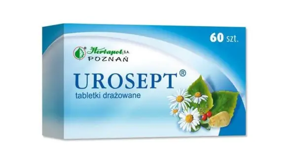 Opakowanie Urosept, tabletek drażowanych z rumiankiem i żurawiną, 60 szt. Bezpieczny dla kobiet w ciąży.