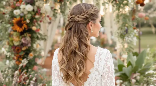 Eine Braut mit einer wunderschönen, geflochtenen Boho-Frisur steht vor einem üppigen Blumenbogen.