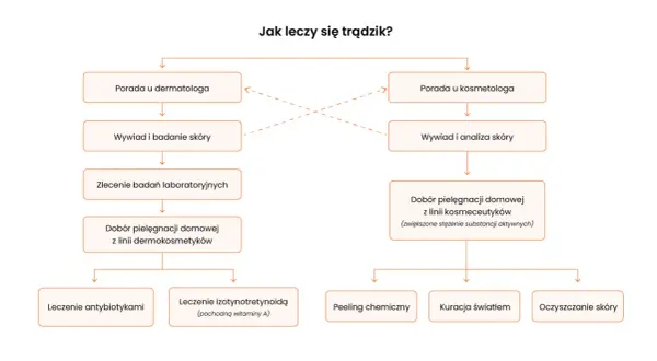 Schemat leczenia trądziku: porada u dermatologa lub kosmetologa, badania, dobór pielęgnacji domowej i zabiegi takie jak antybiotyki, izotynotretynoina, peelingi, kuracja światłem, oczyszczanie skóry.