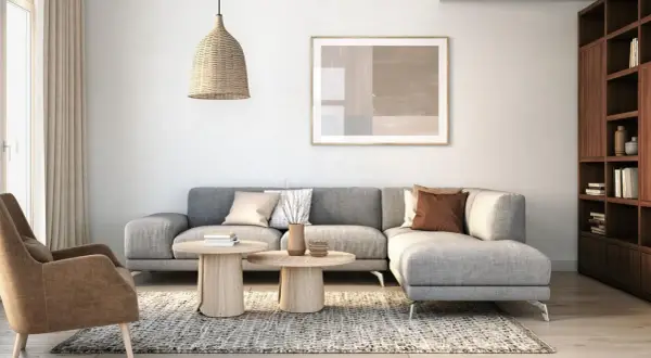 Gemütliches Wohnzimmer mit grauem Sofa, beigefarbenem Sessel, Holztischen und einem Bücherregal. Modernes interior design.