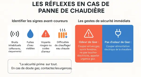 Guide pour redémarrer une chaudière en sécurité : identifier les signes avant-coureurs (bruits, fuites, voyants rouges) et les gestes immédiats (odeur de gaz ou non).