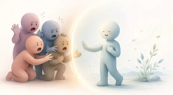 Figurelle preoccupate cercano di raggiungere una figura serena protetta da un alone luminoso. Vivere con una persona ansiosa può essere così.