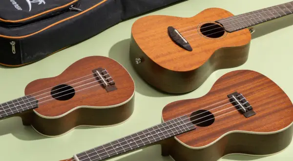 Trzy ukulele w odcieniach brązu leżą obok czarnego futerału na jasnym, zielonym tle.