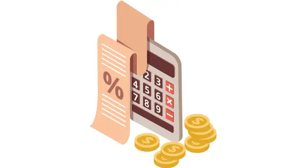 Calculatrice, reçu avec symbole pourcentage, et pièces d'or. Illustration du calcul de l'intérêt moratoire, définition.
