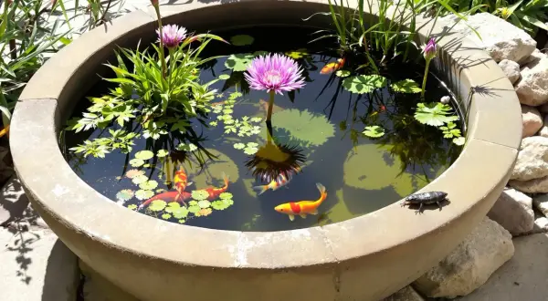 Un bassin de jardin abrite des poissons koï colorés nageant autour d'une magnifique fleur aquatique rose. Un petit amphibien se repose sur le bord.