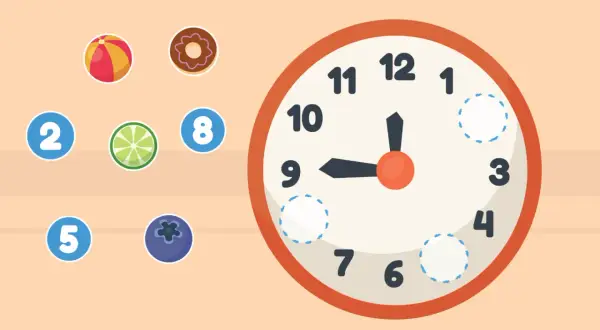 Spielerisch lernen Kinder die Uhr: Bälle, Donuts und Früchte helfen, die Zeit zu verstehen.